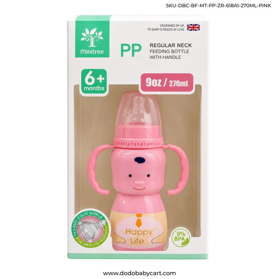 MINITREE Regular Neck Feeding Bottle with Handle, 270 ml — Pink