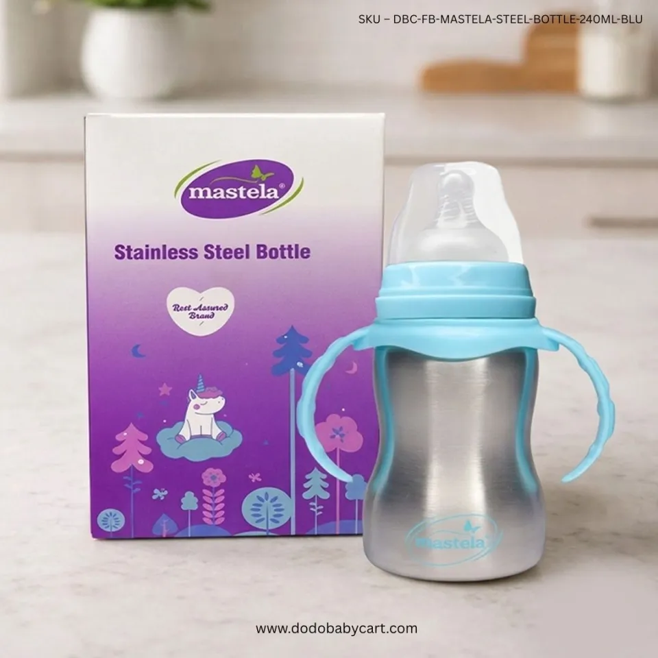Mastela Stainless Steel Feeding Bottle with Handles, 240 ml — Blue