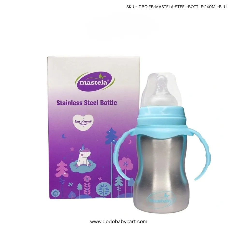Mastela Stainless Steel Feeding Bottle with Handles, 240 ml — Blue